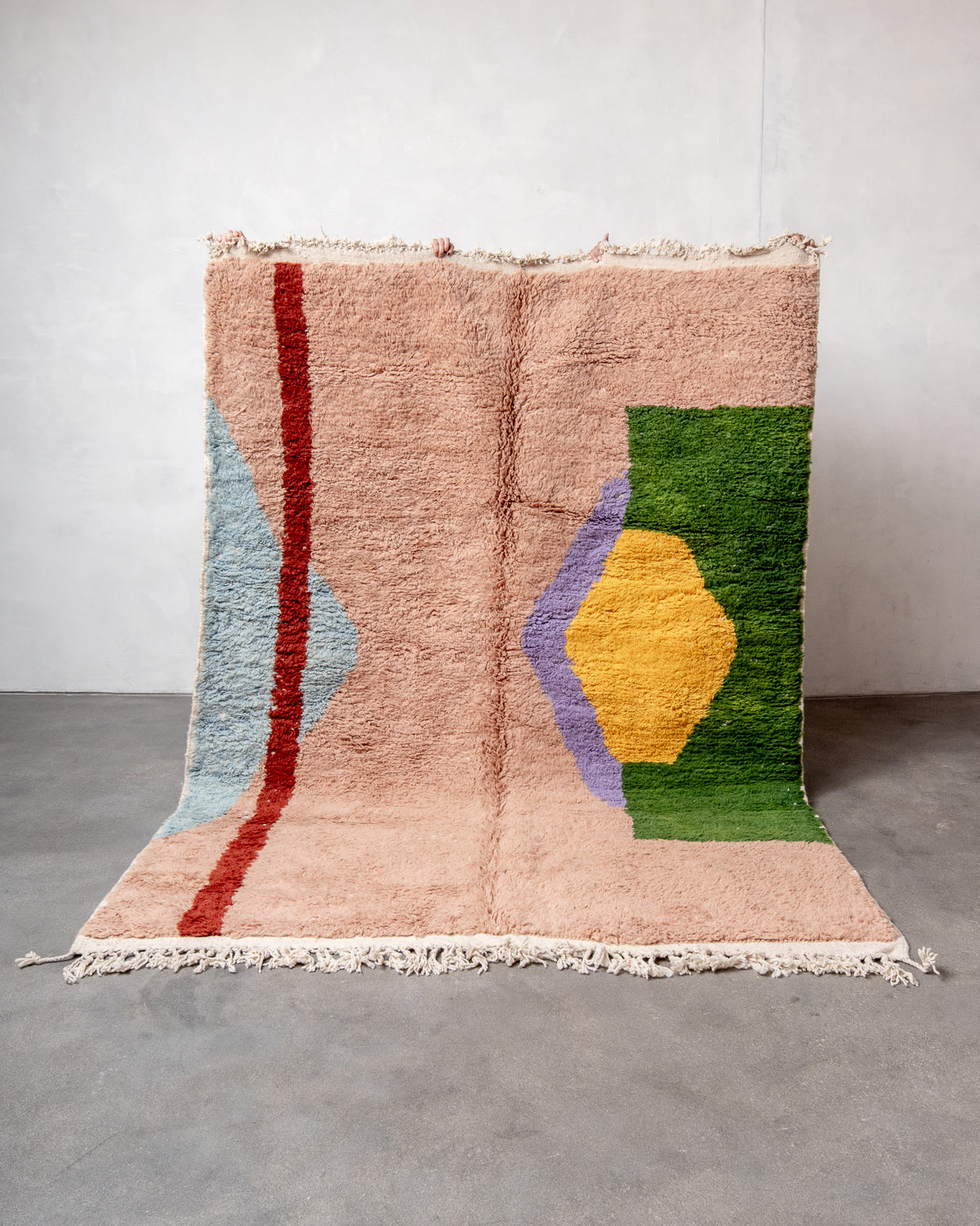 Modern, designer, handcrafted Berber rug from Morocco. Beniourain carpet with beautiful colours and patterns and fluffy wool texture.